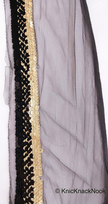 Black Net Lace With Glossy Black And Glitter Gold Sequins, Black Trim, Approx. 16cm wide
